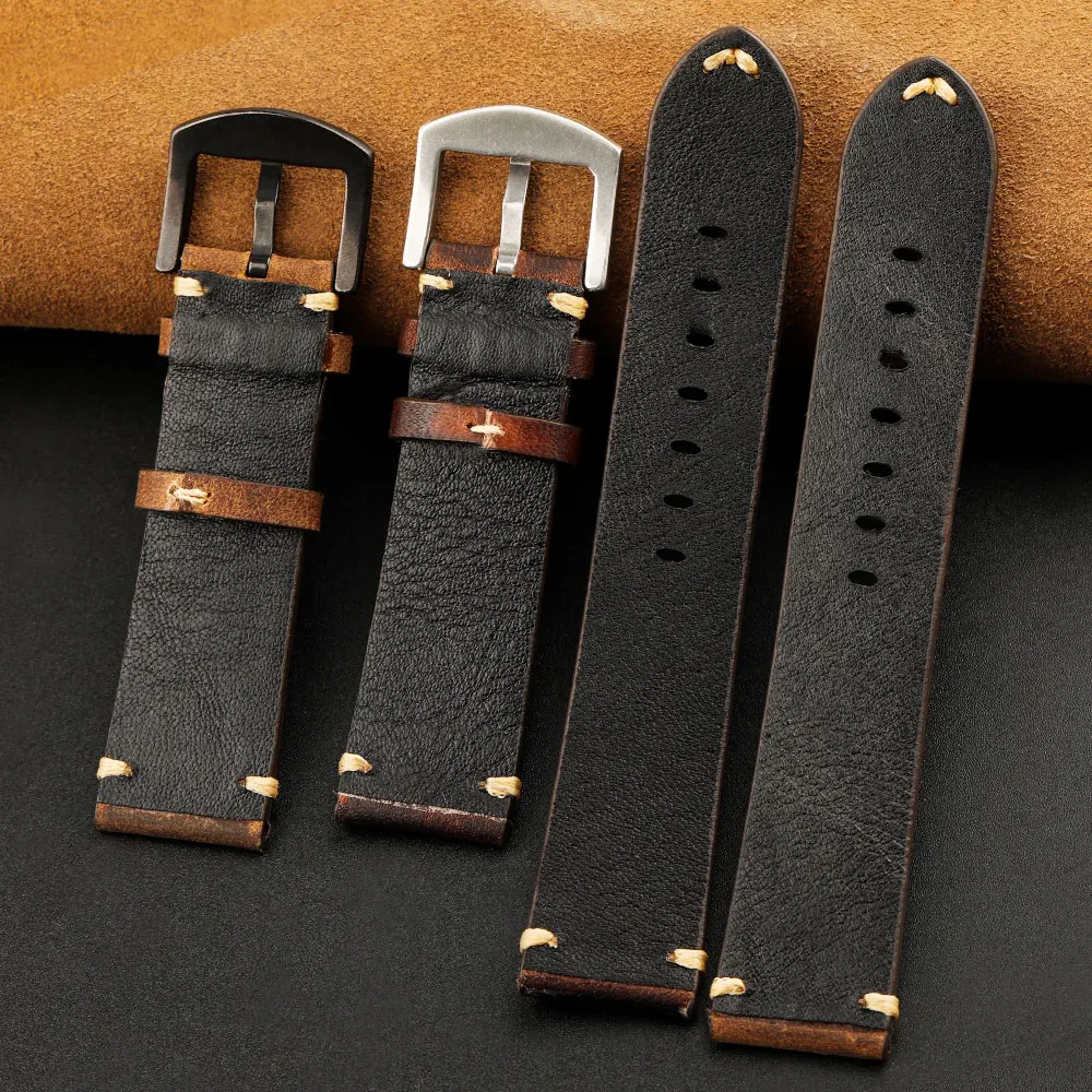 Handmade Crazy Horse Leather Watchband, 18 19 20 21 22MM Retro First Layer Leather Strap, Suitable for Military Watches