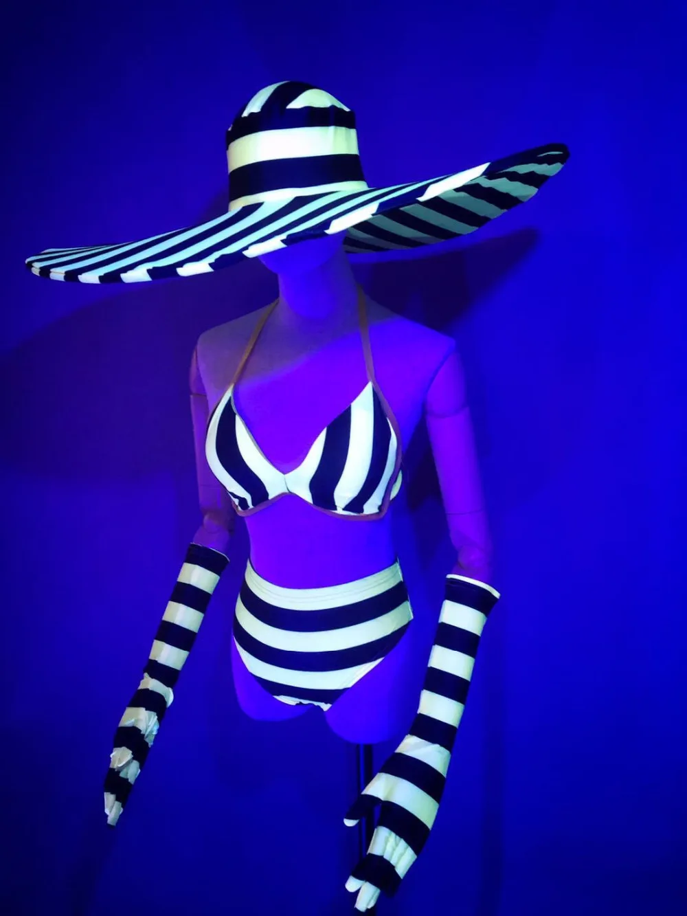 Stage Show Wear Fashion Striped Bikini Sets with gloves and Big Hat Party Dresses Women Singer Dancer Costume