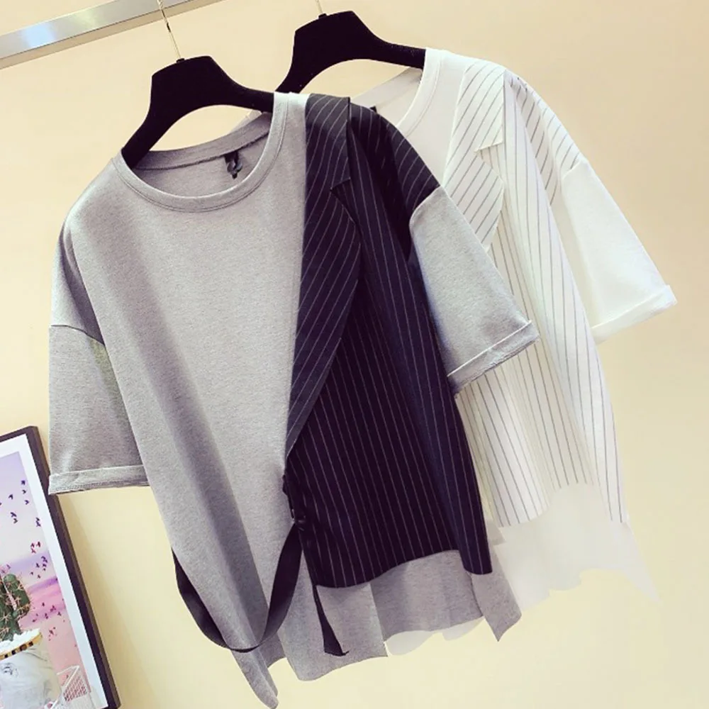 Women's Clothing T-Shirts  Summer Short Sleeve Tops Asymmetry Stripe Splice False Two Pieces Fashion Tees