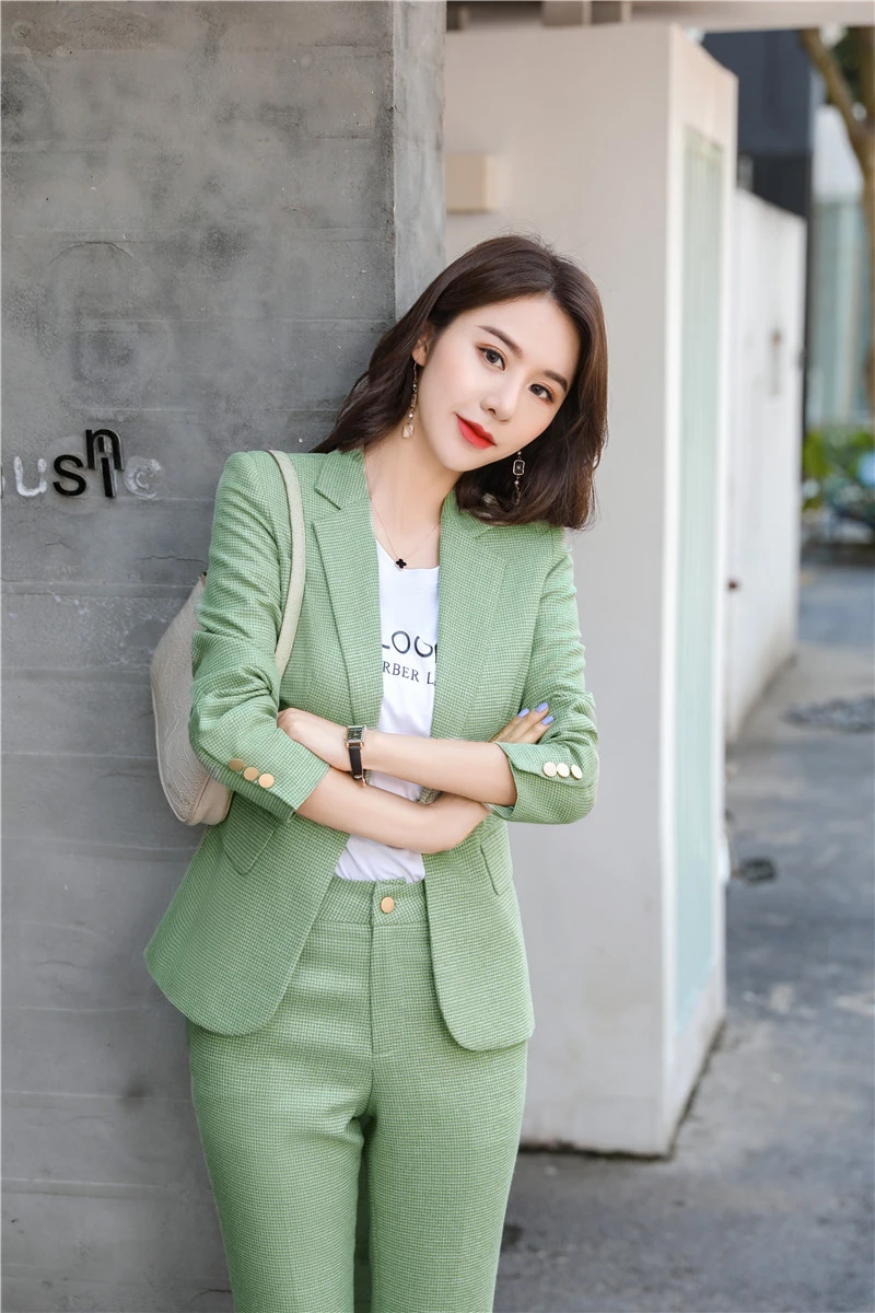 Novelty Green Uniform Designs Pantsuits for Women Business Work Wear Suits Pofessional Blazers Set Career Interview Clothes