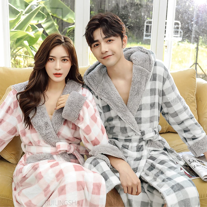 Lovers Hooded Extra Long Thermal Bathrobe Women Men Plus Size Winter Warm Bath Robe Coral Fleece Dressing Gown Bride Sleepwear