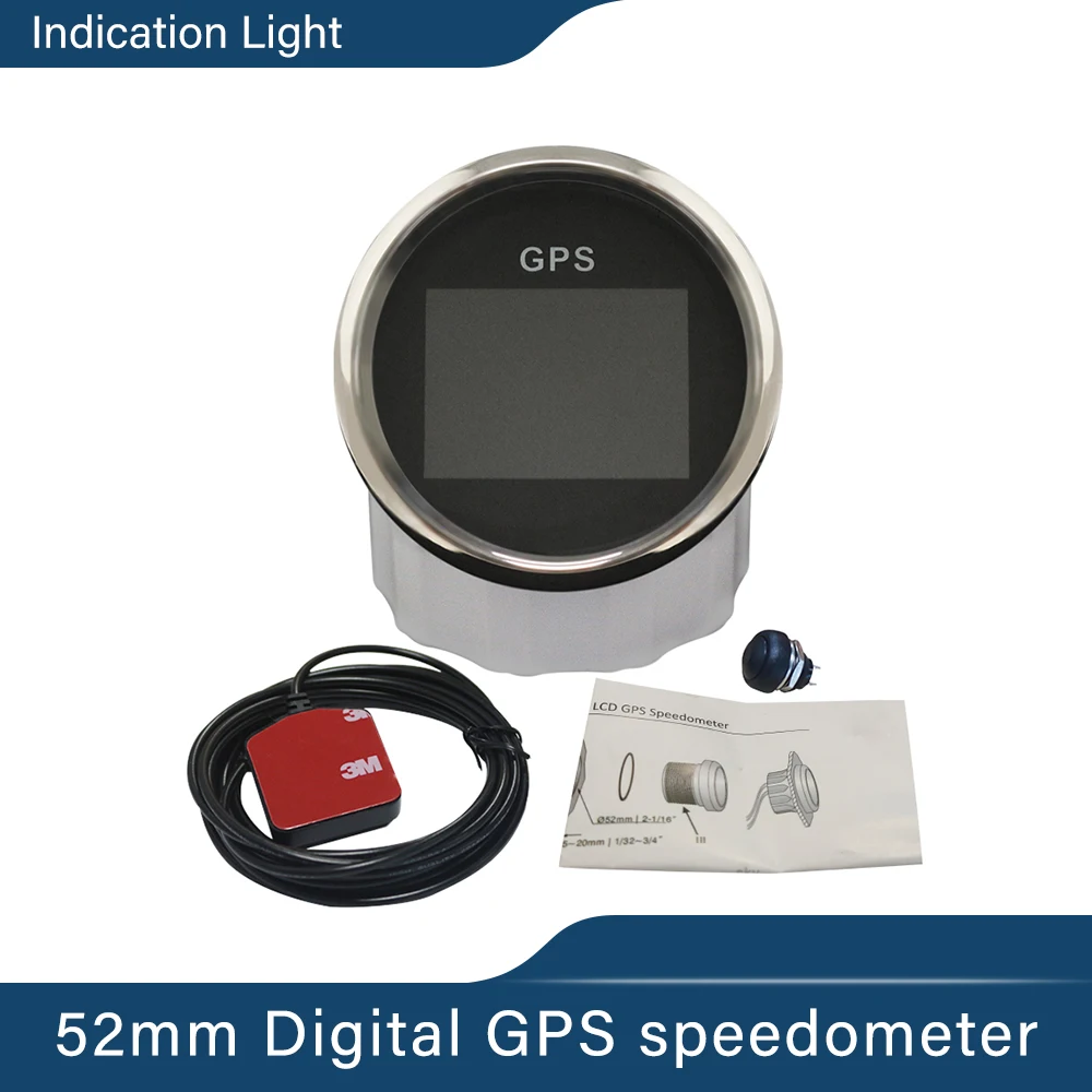 Universal 52mm Digital GPS Speedometer Odometer Tripmeter Adjustable Indicating Light with GPS Antenna for Boat Motorcycle Car