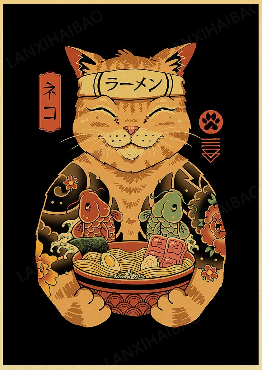 Japanese style Samurai cat Hand-Pulled Noodle octopus Waves Abstract watercolor Retro Home Decor posters canvas painting