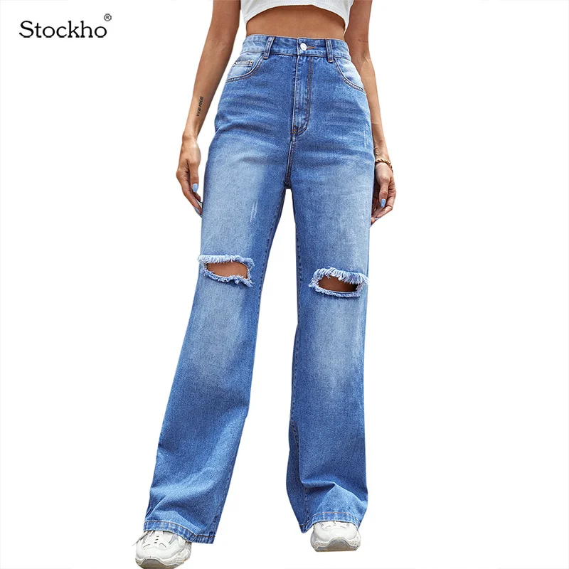 

Women's Jeans Fashion Ripped Wide-Leg Jeans Autumn New Straight Mopping Trousers Women High-Waist Wide-Leg Pants Casual Bottoms