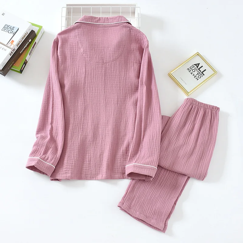 New spring and autumn pure cotton crepe cloth couple soft and breathable men long-sleeve simple home service women two piece set