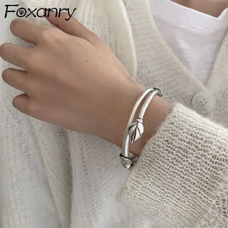 Foxanry Silver Color Bracelet for Women New Trendy Elegant Vintage Unique Design Lotus Leaf Lotus Handmade Jewelry Gifts