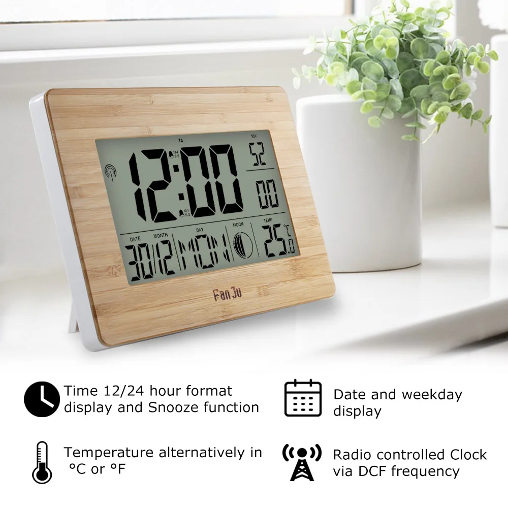 FanJu Digital Wall Clock LCD Big Large Number Time Temperature Calendar Alarm Table Desk Clocks Modern Design Office Home Decor