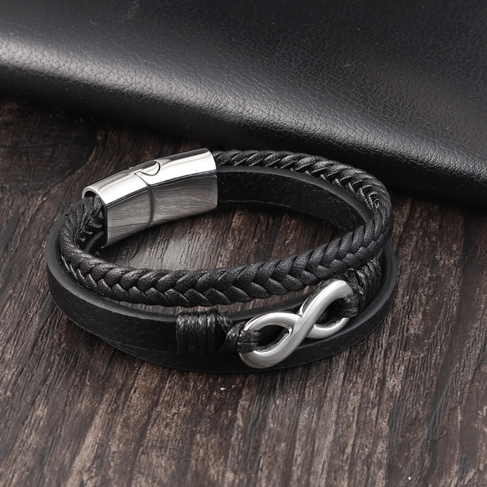 Stainless Steel Leather Bracelet Infinity Logo Special Popular Pattern Men\'s Bracelet DIY  Valentine\'s Day Handsome Gift