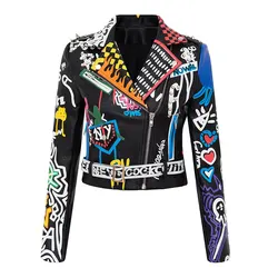 Spring and Autumn Punk High Waist Faux Leather Jacket  Women Graffiti Studded Rivet Fashion Streetwear Short Motorcycle Coat