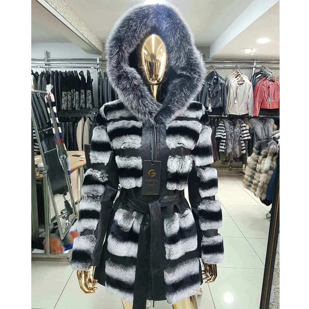 Women Natural Rex Rabbit Fur Jacket with Silver Fox Fur Hood Thick Warm Woman Winter Outwear New Trendy Rex Rabbit Fur Coat