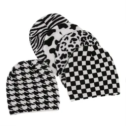 New striped knitted hat beanies cap autumn winter hair band set warm black and white dairy wool hat