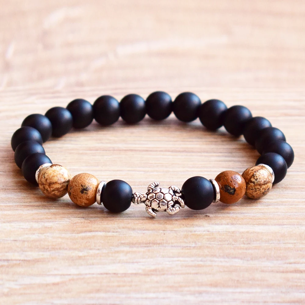 

MG0785 New Design Tortoise Charm Bracelet Natural Picture Jasper Bracelet Matte Black Onyx Beaded Wrist Mala Bracelet
