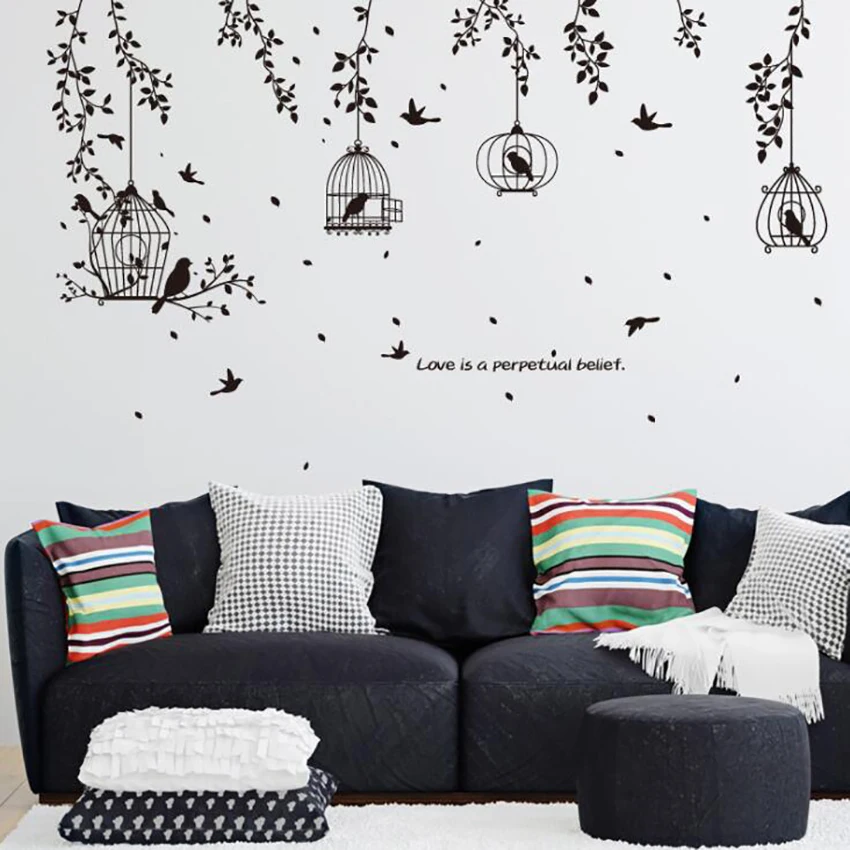 Black Garden Bird Cage Plants Tree Branch Wall Stickers Removable Living Room Wall Decals DIY Art Stickers Decoration 50x70cm
