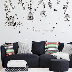 Black Garden Bird Cage Plants Tree Branch Wall Stickers Removable Living Room Wall Decals DIY Art Stickers Decoration 50x70cm