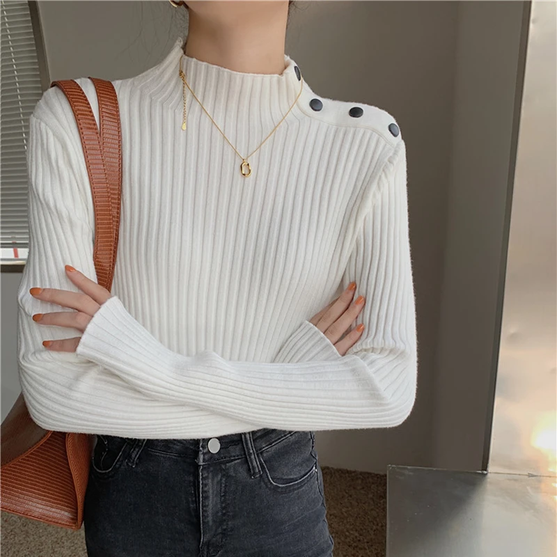 REALEFT 2021 New Autumn Winter Vintage Sweaters Female Elegant Mock Neck Long Sleeve Solid Color Women's Knitting Tops Pullovers