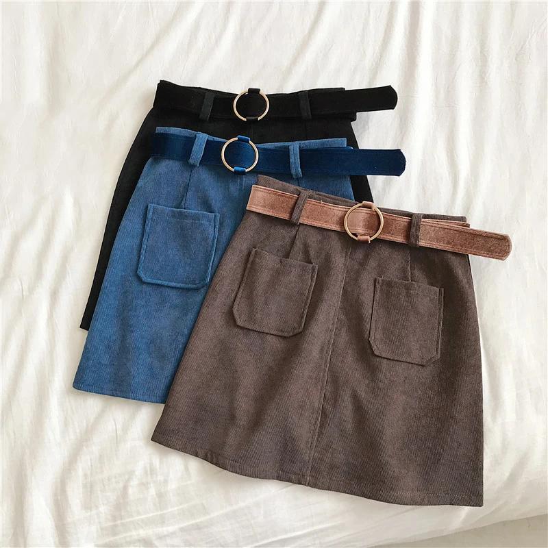 

Korean Harajuku Women A-line Corduroy Skirt Vintage Solid High Waist Mini Skirts Casual Female Sashes Empier Above Knee Skirt