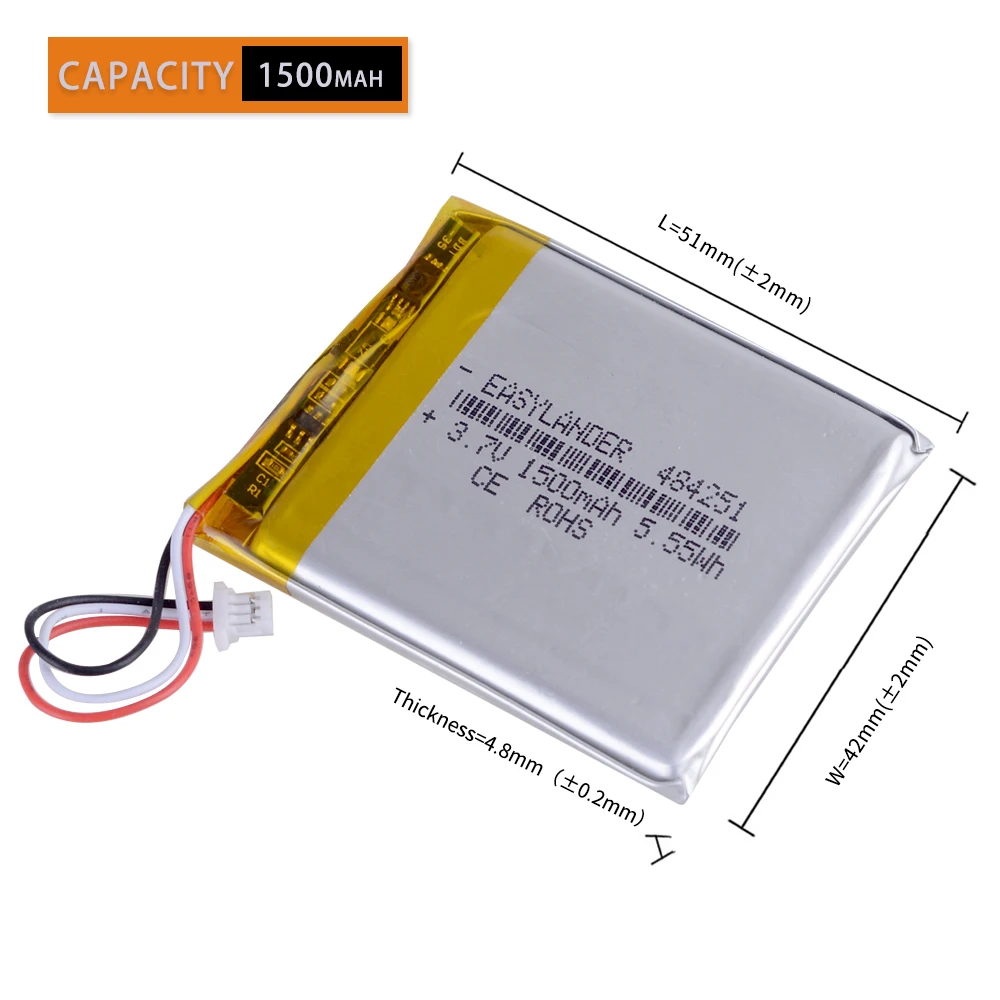 JST1.0mm 3pin 3.7V 1500mAh 504050 Rechargeable Lithium Li-ion Polymer Battery 484251 504252