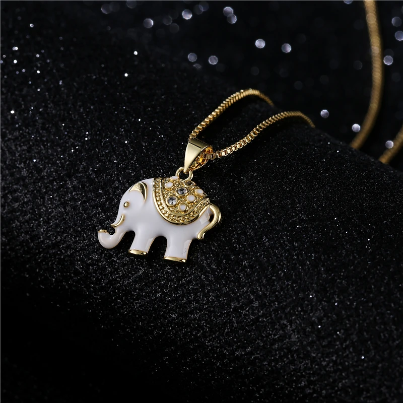 cmoonry Fashion Gold Color Box Chain Necklace White/Black Oil Dripping Elephant Pendant Necklace For Women Girl CZ Femme Bijoux