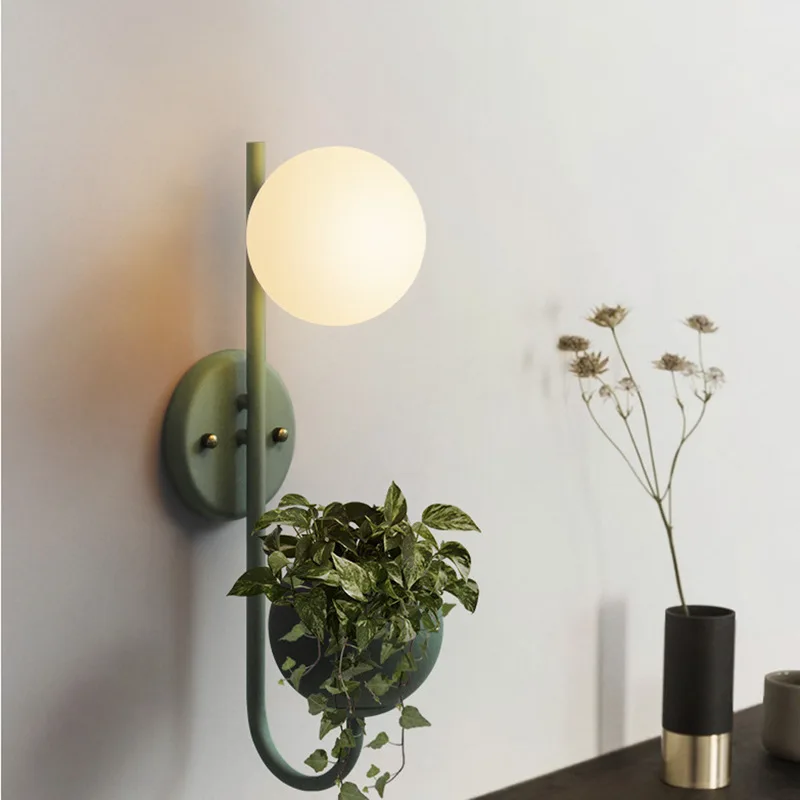 

Modern LED Wall Lamp Nordic Creative Sconce Living Study Balcony Bedroom Warm Bedside Macarons Glass Ball Plant E27 Decor Light