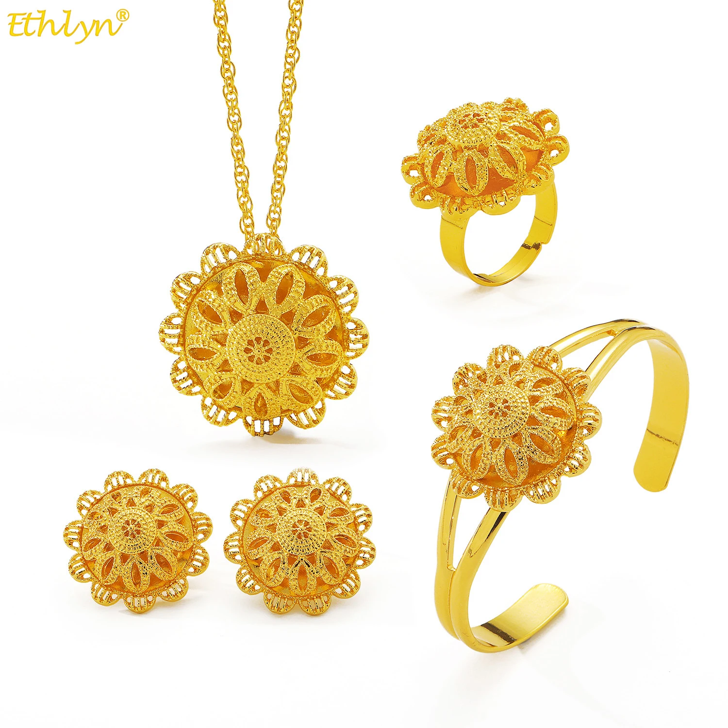 Ethlyn 4Pcs Dubai Blume Schmuck Sets Gold Halskette für Frauen Äthiopischen Hochzeit Afrikanische Braut Geschenke MY157