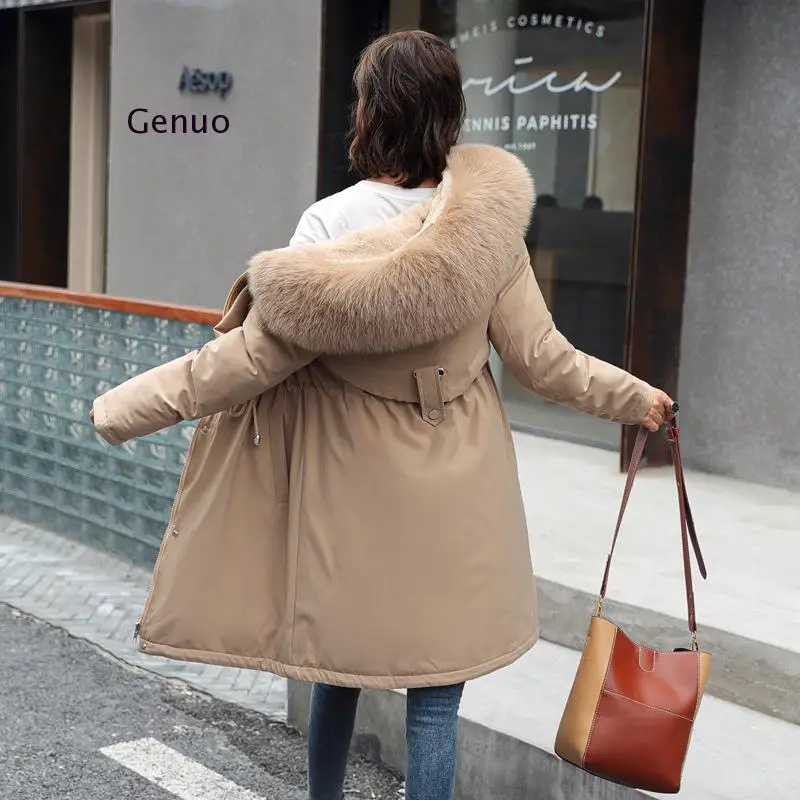 Women Padded Coat Hooded Mid-Length Big Fur Collar Down Cotton Liner Jacket Female Thick Winter  Outerwear Warm