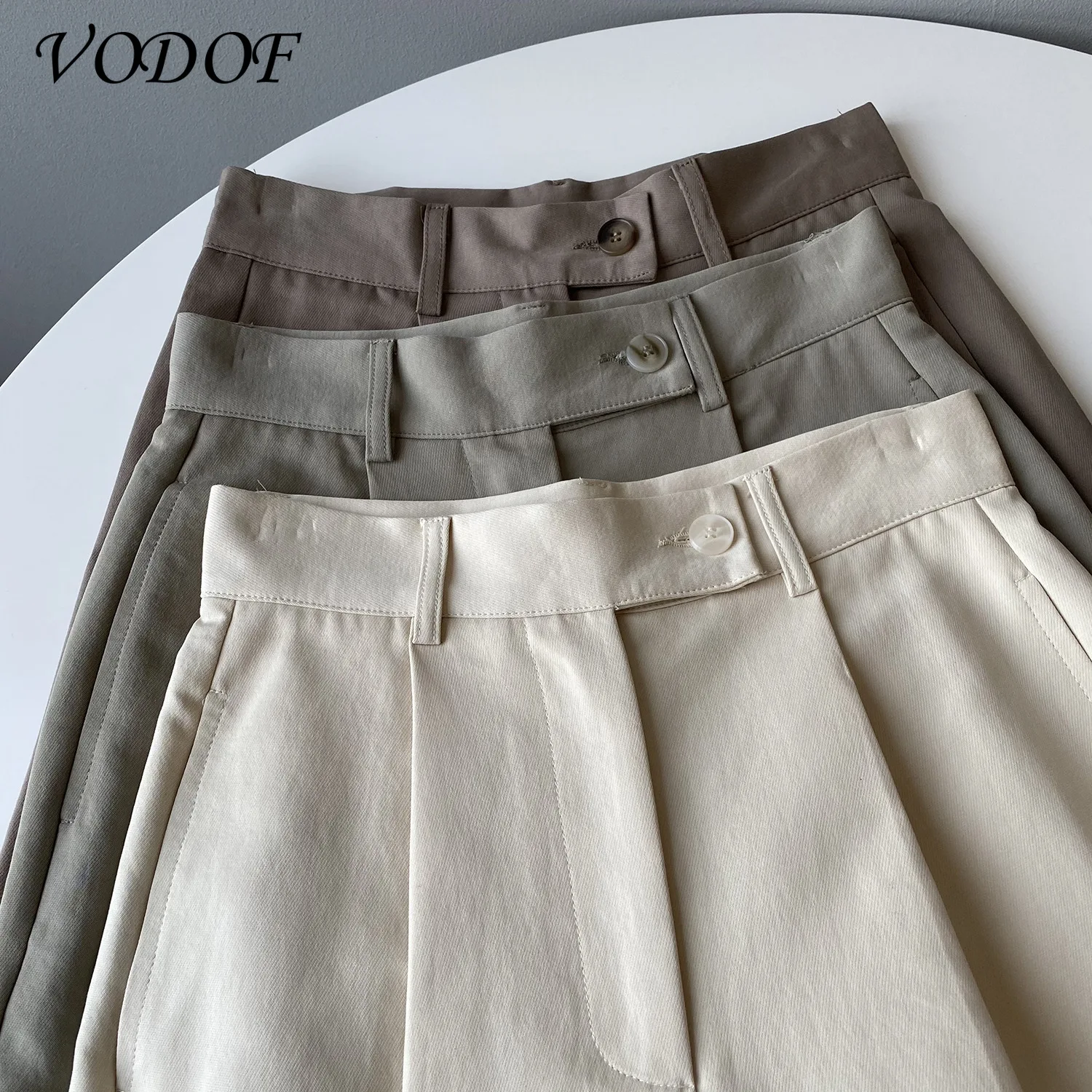 VODOF Fashion Chic Pure Color Loose Ladies Shorts High Waist Pocket Summer Women's Wide Leg Shorts 2021