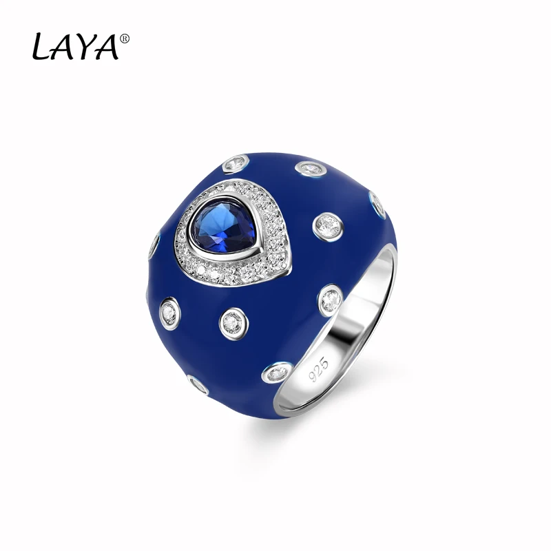 LAYA Blue Sapphire Ring For Men Women Retro Shinning Zircon Synthetic Crystal 925 Sterling Silver Classic Original Jewelry