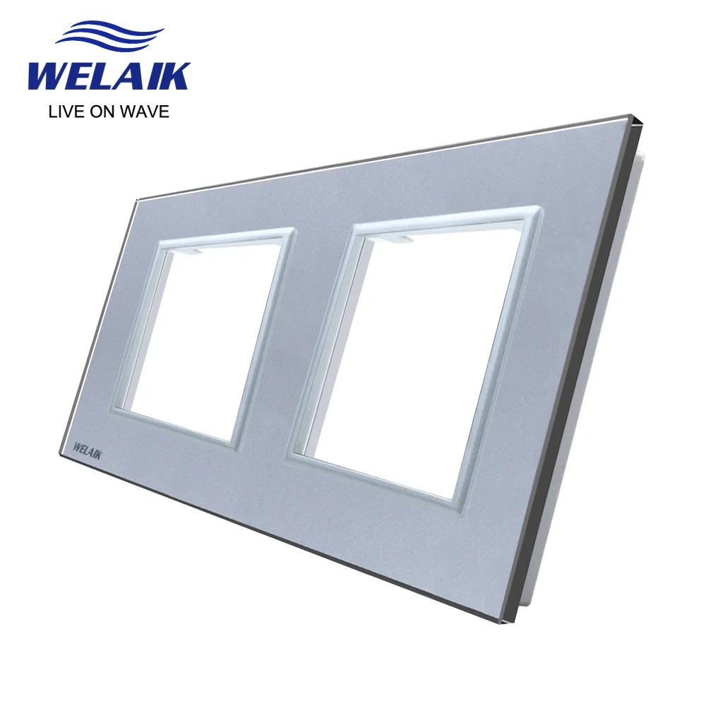 WELAIK  EU 2Frame 151*80mm White Wall Socket Outlet Square-hole Crystal Tempered Glass Panel Only DIY Parts  A288W1