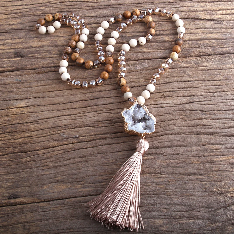Fashion Boho Jewelry Natural Stones Long Knotted Necklace Druzy Stone Charm Tassel Necklaces