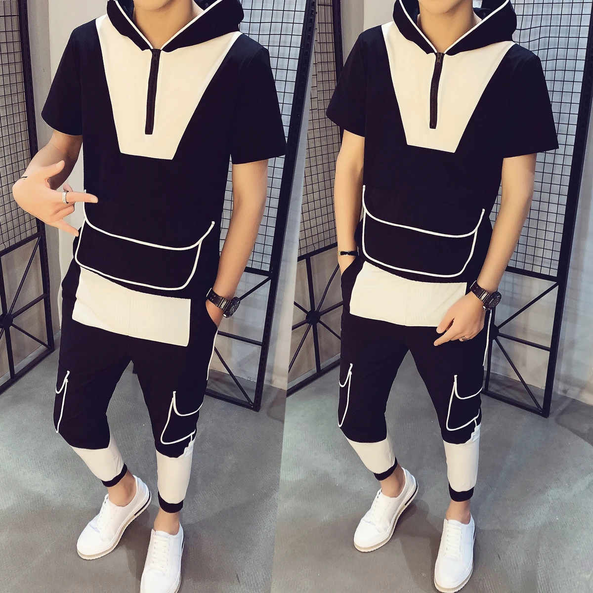 Two Piece Set Hip Hop Short Sleeve Hooded T-shirt + Pant Moda Hombre 2020 Summer Tracksuit Men Personality Print Track Suit