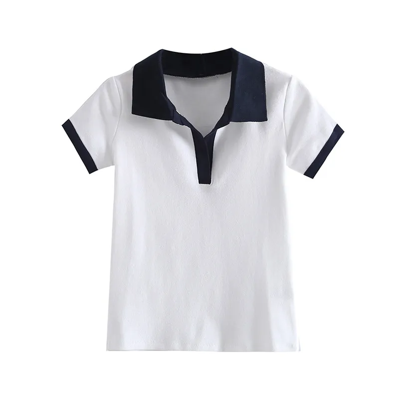 PUWD Slim Girls Vintage Patchwork Tshirts 2022 Summer Fashion Ladies Turn-Down Collar Tees Sweet Women Soft Cotton Tops Chic