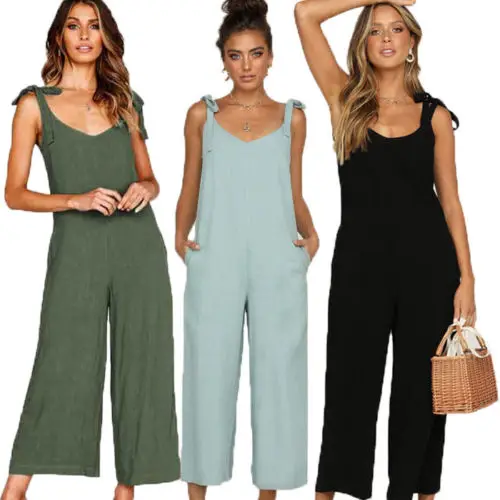 Women Rompers Casual Loose Linen Cotton Jumpsuit Sleeveless Backless Playsuit Trousers Strappy Jumpsuits Autumn Summer New