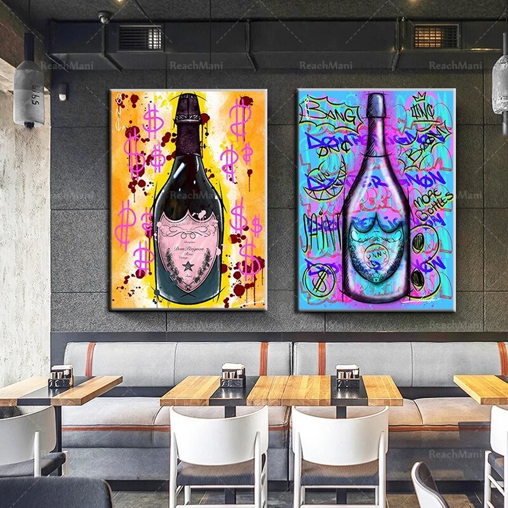 

Abstract Champagne Graffiti Canvas Painting Art Deco Kitchen Painting Nordic Posters and Prints Wall Picture Room Decoration