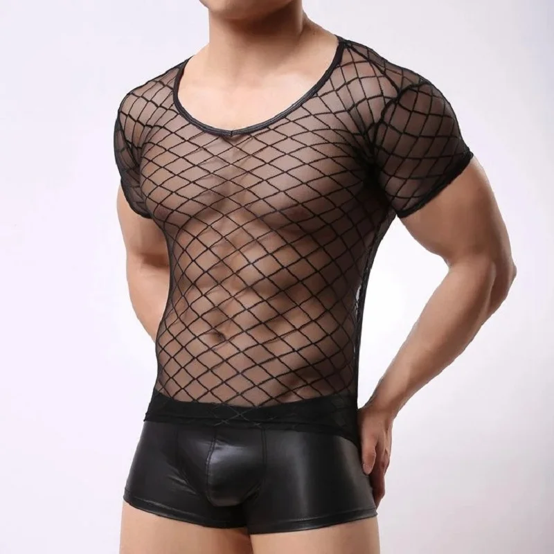 Transparent Mesh Net Shirts Sexy Men Pajamas Underwear Striped See Through Tank Tops T-shirt Night Club Erotic Lingerie