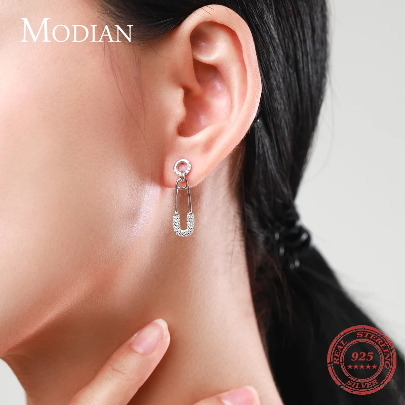 Modian 925 Sterling Silver Earring For Women Girls Dazzling Swing Pin Clear CZ Stud Earrings Trendy Brooch Wedding Fine Jewelry