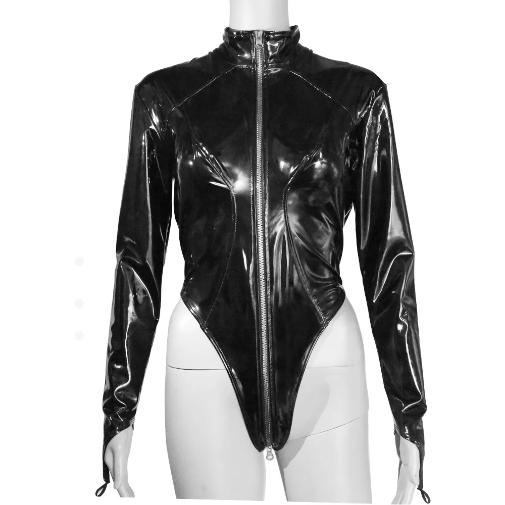 Women Lady Long Sleeved Leotard High Split T Crotch Faux Leather Black Stylish