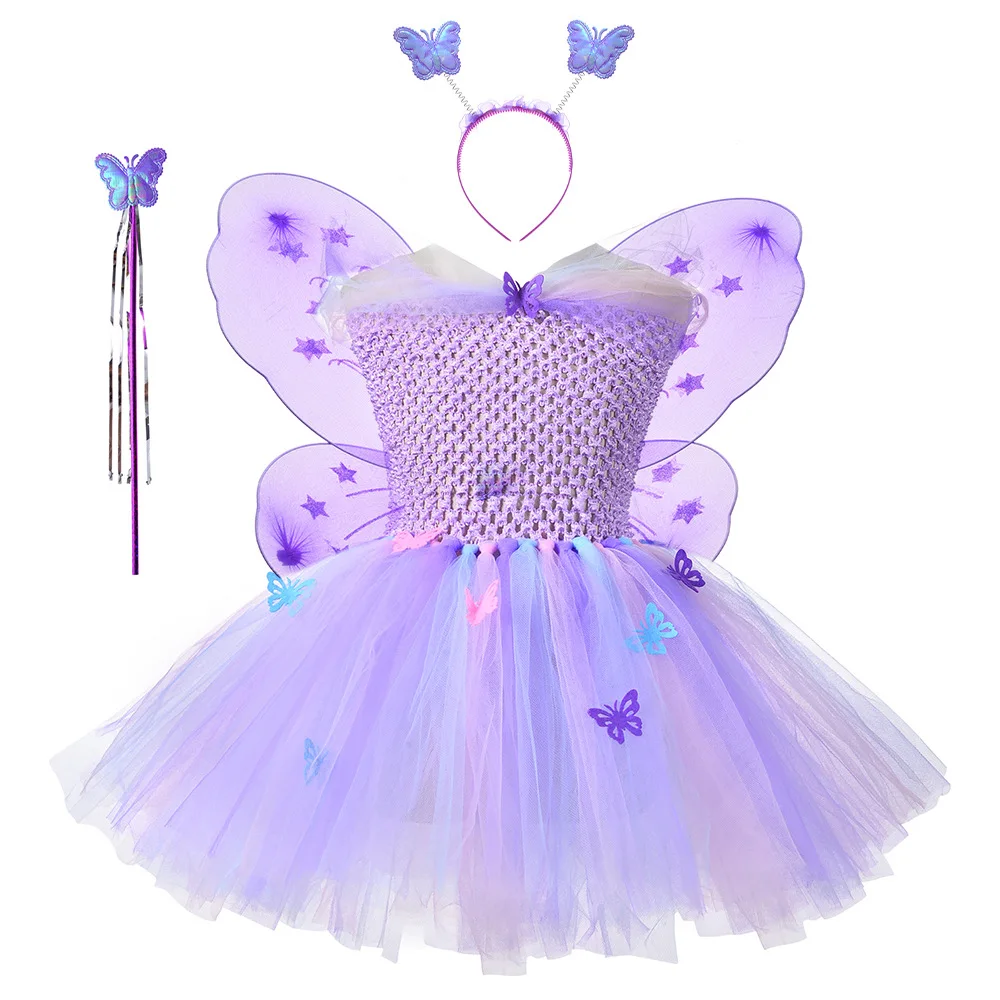 

Children's Dress Girls Handmade Purple Mist Fairy Dress Set+Wings Three Piece Halloween Dress Children's Princess Dress1-10Y