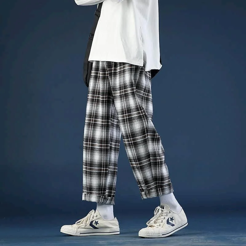 Pants for Men Women DK Korean Grunge Straight Wide Legs High Waist Checked Draping Black White Hip Hop Casual Trousers