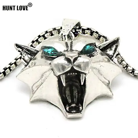Wizard School Cat Head Medallion Pendant 30*34mm Silver Gold Color Green Rhinestone Wild Monster Games Animal Chains Necklace