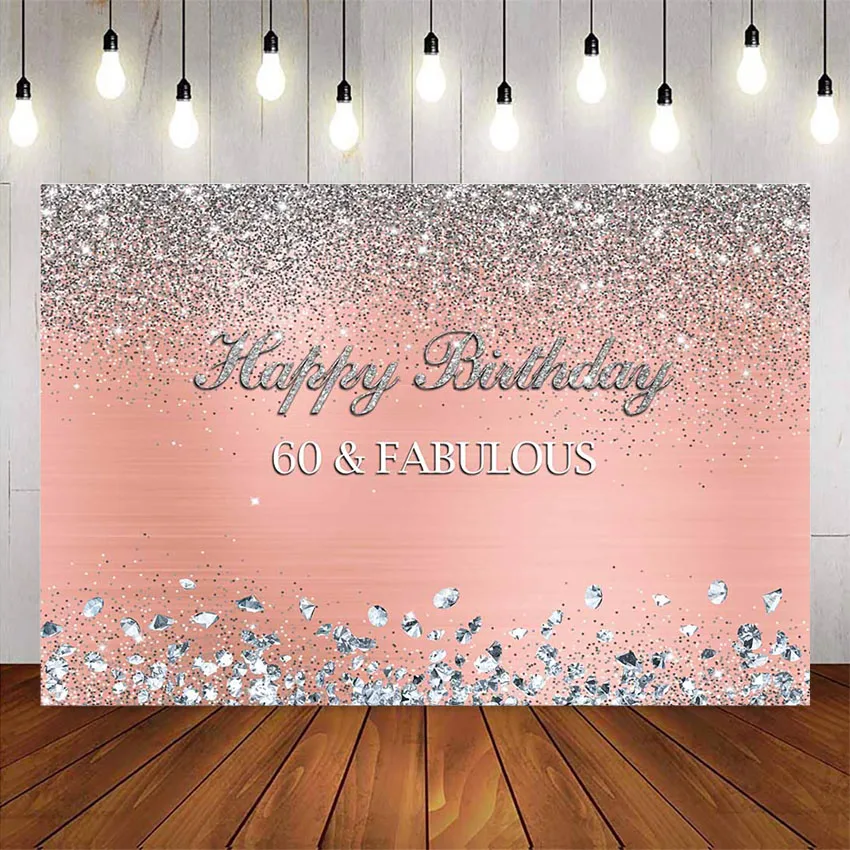 

Happy 60th birthday backdrop for photography 60 fabulous pink background sliver glitter dots photo booth backgrounds custom