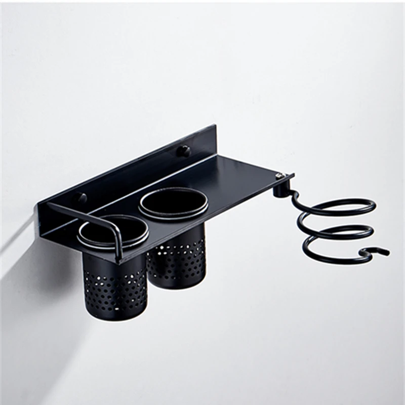 Black/Silver Hair Dryer Bracket Hanging Hair Dryer Organiser Shelf Wall Mounted Nail-perforated Bathroom Hardware Stand Aluminum