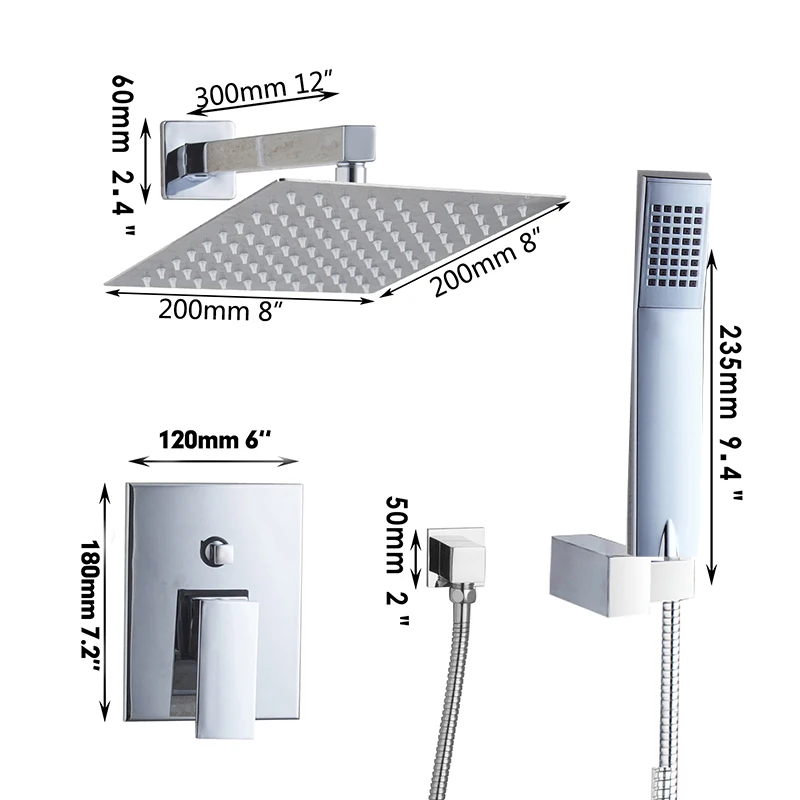 OUBONI 8 Inch Bathroom Shower Set Square Shower Head Wall Mounted Rainfall Bath Shower Faucet w/ Square Hand Shower Spout Set