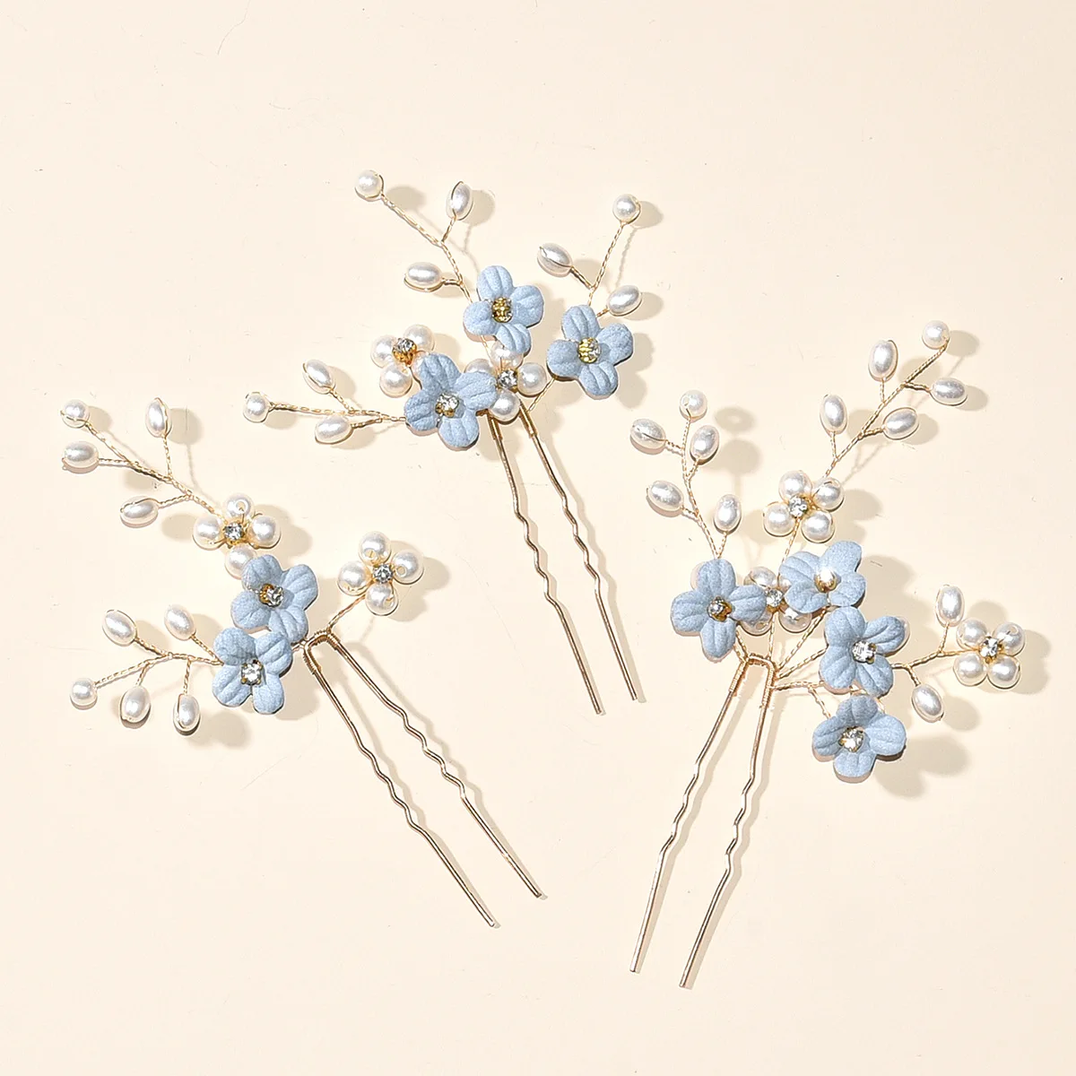 3pcs Blue Flower U Shaped Hair Pins Pearl Elegant Hair Clips Headwear for Wedding Bridal Hairclip Women Hair Jewelry Accessories