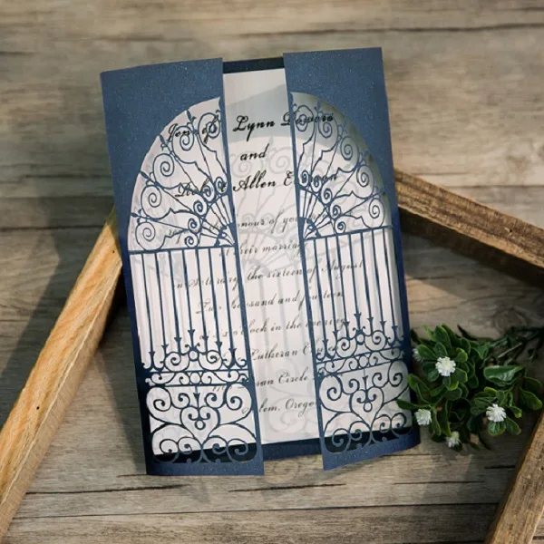 

Modern Navy Blue Gate Folded Laser Cut Wedding Invitation smodern navy blue gate folded lasercut wedding invitations