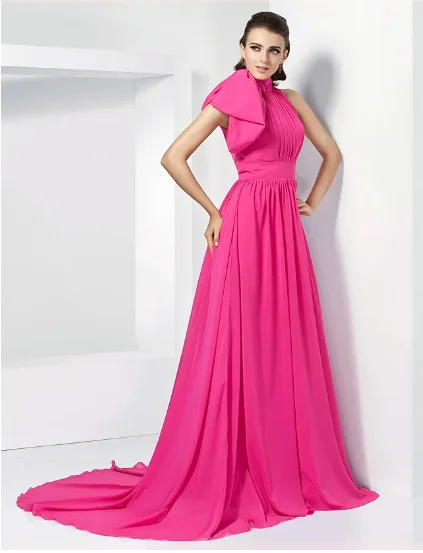 Vestido de noche Formal para mujer, traje de gasa con cuello alto y lazo, largo, color rosa, estilo celebridad, a la moda, para fiesta de graduación