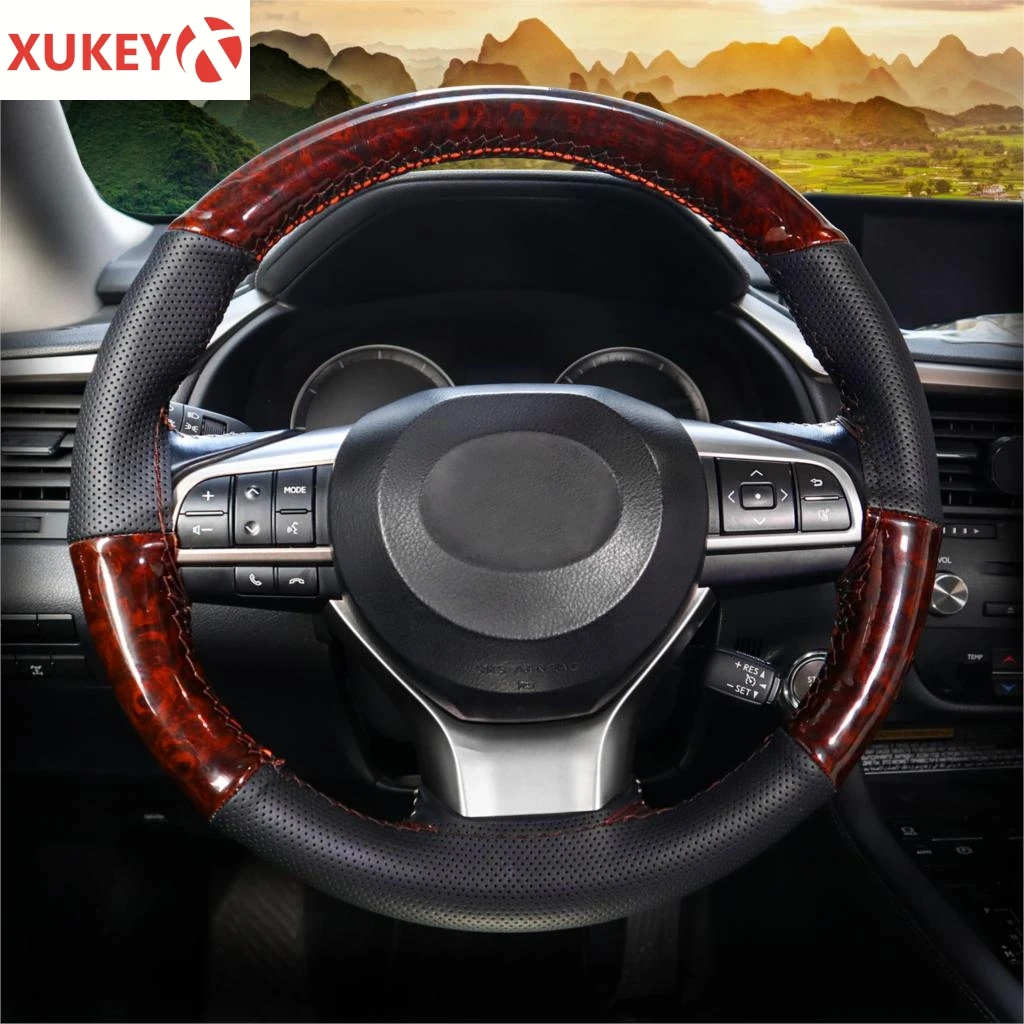 

38cm Universal Steering Wheel Braid Cover Wood Grain Leather Hand Sewing With Needle And Thread Wooden DIY Car Interior Styling