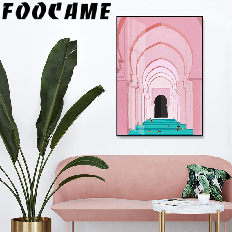 Summer Pink Geometric Architecture Church Nordic Wall Art Canvas Print Poster Morocco Painting Living Room Decorative Pictures