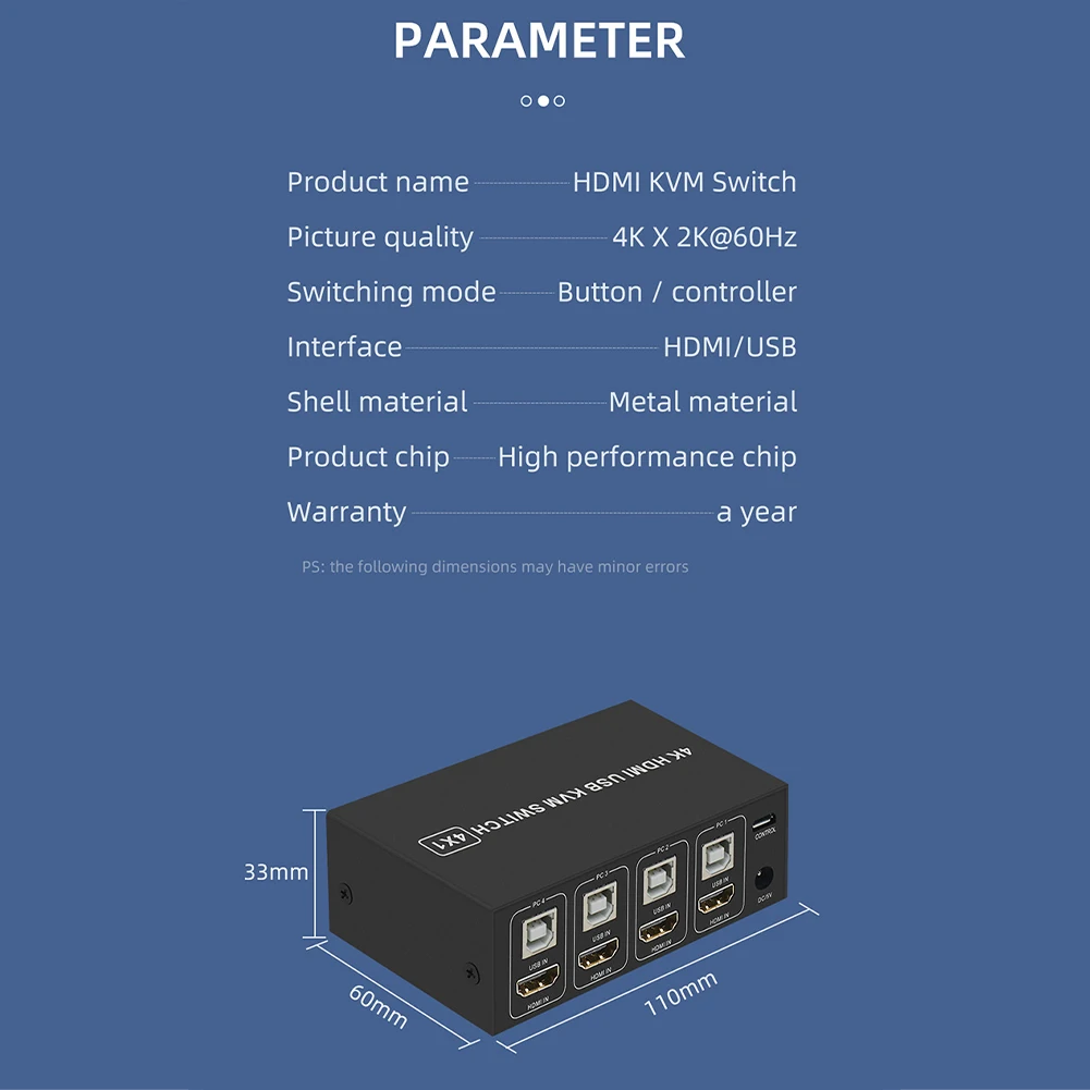 Commutateur KVM 4K professionnel universel stable en alliage d'aluminium, 4 ports USB, pour souris, clavier, hub