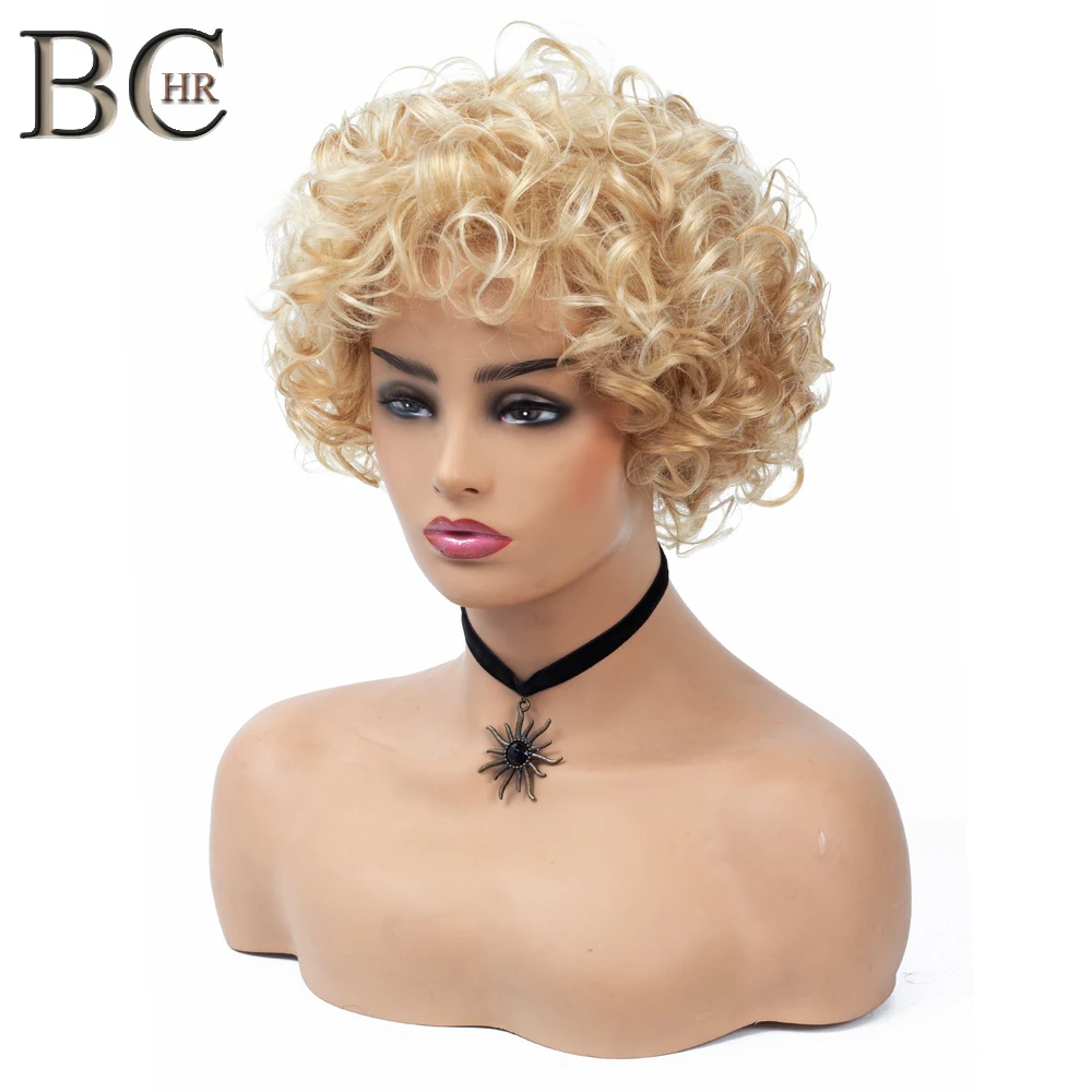 BCHR Short Curly Synthetic Wigs Golden Party Hair for White Women Blonde Mixed Colors High Temperature Fiber