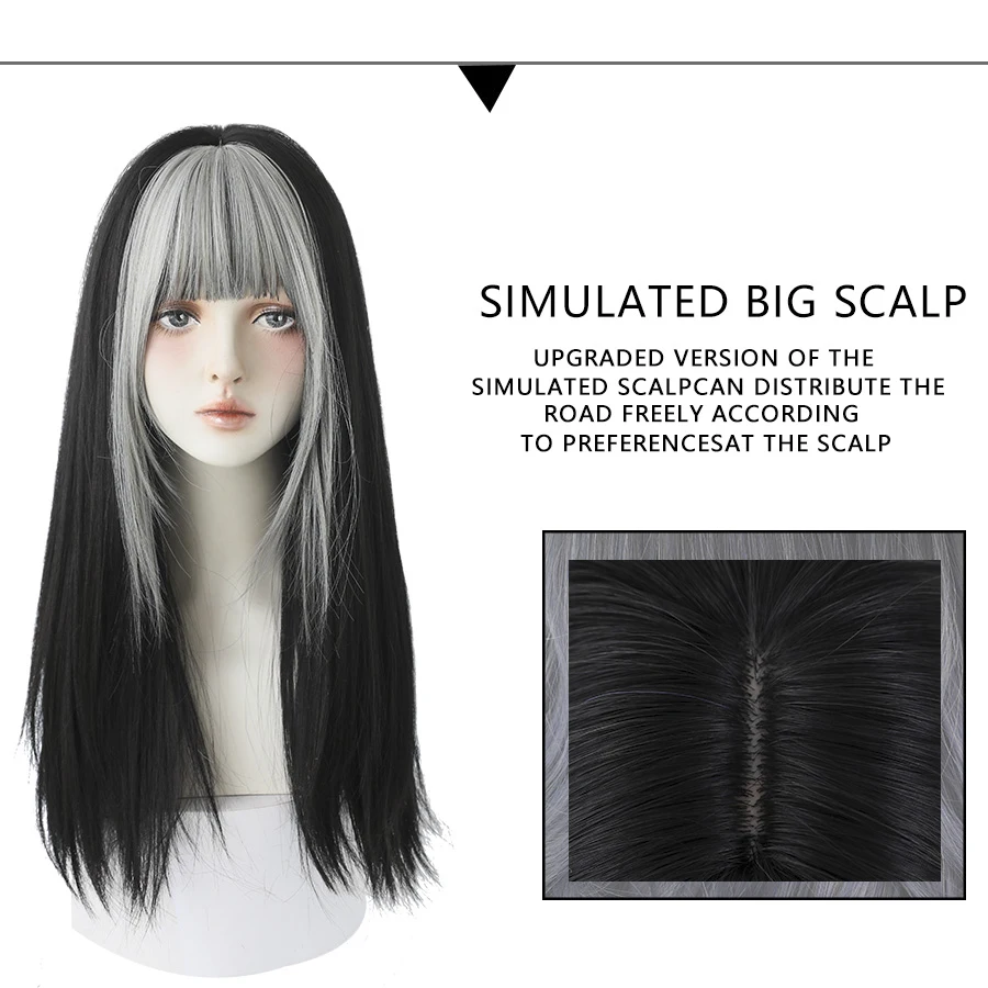 7JHH WIGS Highlighted Grey Black Kinky Straight Synthetic Wigs With Fluffy Bangs For Women Daily Wear Toupee Heat-Resistant Hair